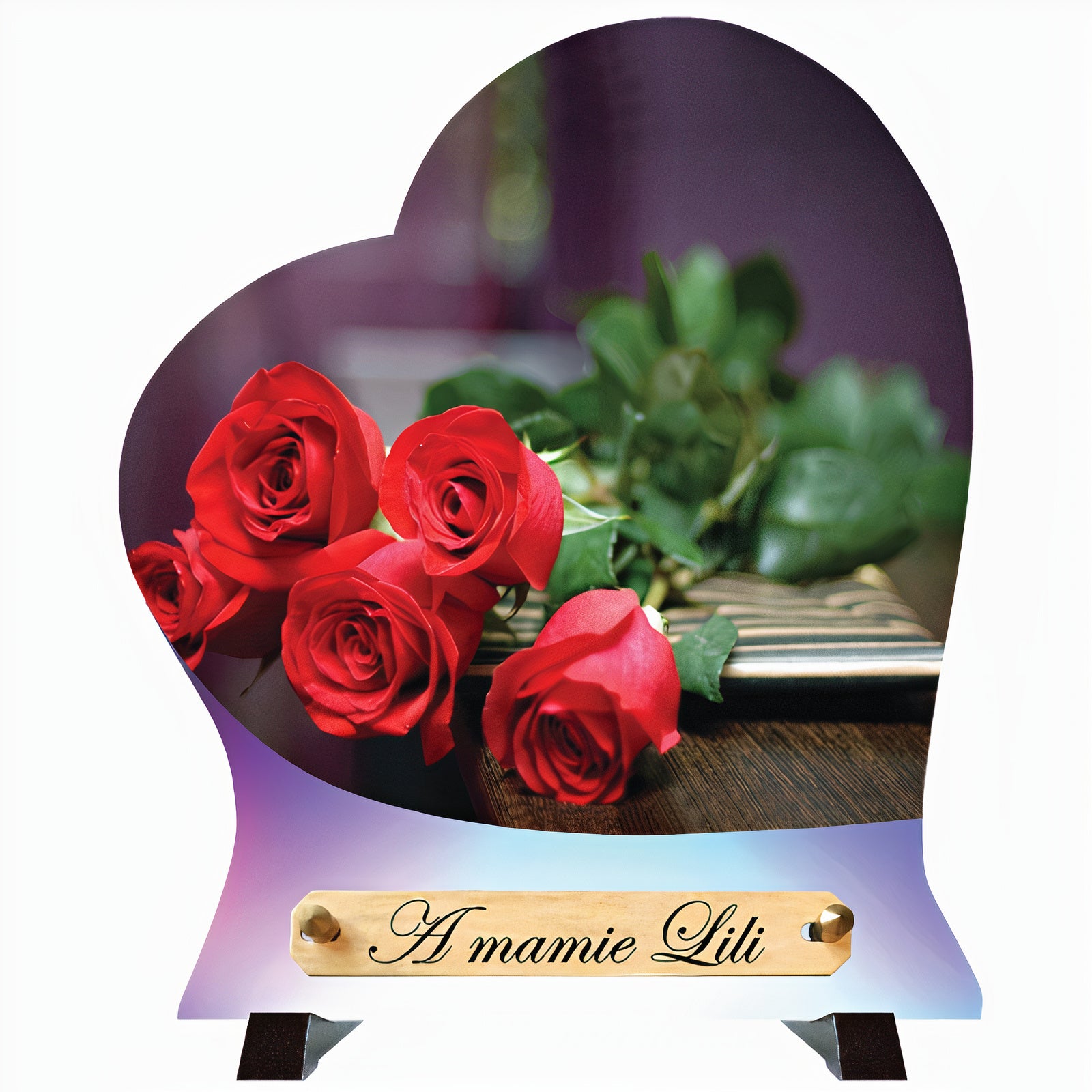 Plaque funéraire plexi ou verre avec roses rouges